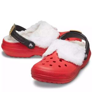 NWT Kids Crocs Classic Lined Holiday Santa Clog Red & White Buckle Back Strap